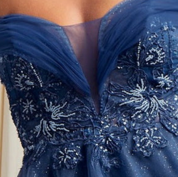 COPY - Short navy blue off shoulder glitter tulle ,embroidery, lace, sequin - Picture 5 of 7